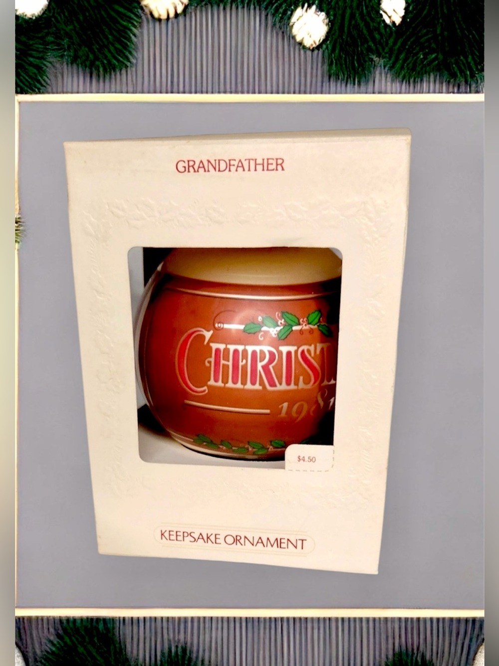 Vintage Hallmark Glass Ball Ornament Grandfather 1981, with Box, Never Displayed